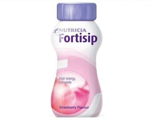 The Fortisip Bottle Strawberry (200ml) by Nutricia features a purple cap and pink label stating High energy, complete and Strawberry Flavour, with a subtle swirl graphic, making this dietary supplement visually appealing.