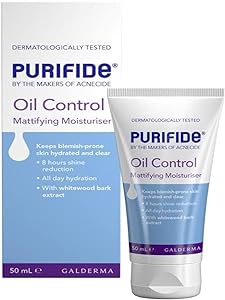 Image of a box and tube of Purifide Oil Control Mattifying Moisturiser (50ml) by Purifide highlights benefits like 8-hour shine reduction, hydration, and pore-refining with whitewood bark extract. It is dermatologically tested for clear skin care.