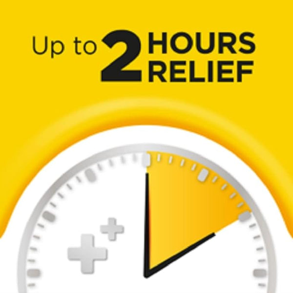 A clock illustration on a yellow background highlights a two-hour span with the text Up to 2 Hours Sore Throat Relief, ideal for users of Strepsils Lozenges for Sore Throat & Blocked Nose seeking soothing comfort.
