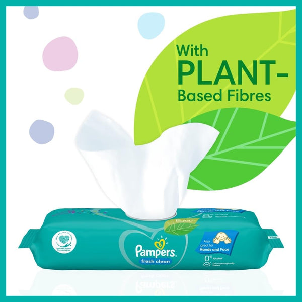 A pack of Pampers Fresh Clean Baby Wipes (52 Pack) by Pampers is shown, with one wipe pulled out. The teal packaging features leaf graphics and icons, along with the text “With Plant-Based Fibres,” highlighting that these wipes are ideal for gentle cleansing of your baby’s hands and face.