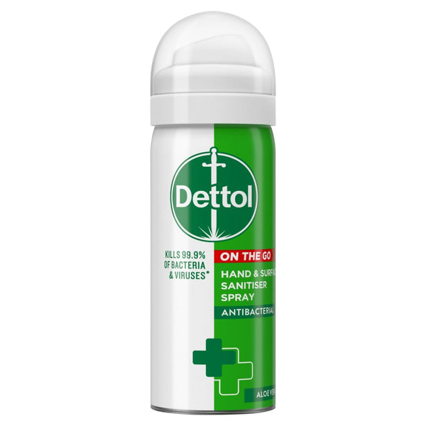 The Dettol Hand & Surface Sanitiser Spray (50ml) is ideal for travel. It boasts a green and white design with a cross symbol, claims to kill 99.9% of bacteria and viruses with its antibacterial formula, disinfects surfaces, and includes the soothing touch of aloe vera.