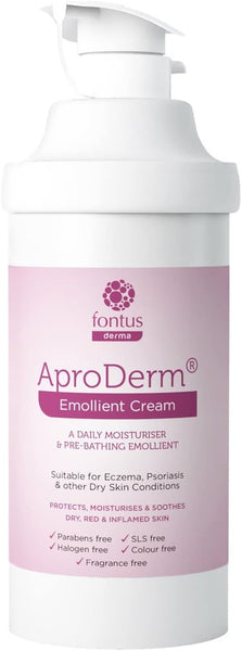 Introducing AproDerm Cream (500g), a dermatologist-recommended emollient with a convenient pump for daily moisturizing and pre-bath care. Ideal for eczema and psoriasis, it is free from parabens, SLS, halogens, color, and fragrance.