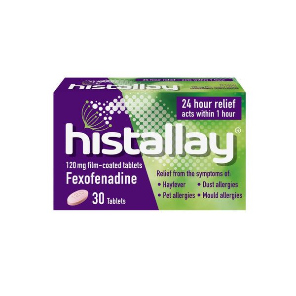 HISTALLAYs Histallay Hayfever & Allergy Relief Tablets come in a green and purple box containing 30 tablets, each with 120 mg Fexofenadine. This non-drowsy antihistamine provides 24-hour relief from hay fever and allergic rhinitis due to dust, pets, and mold.