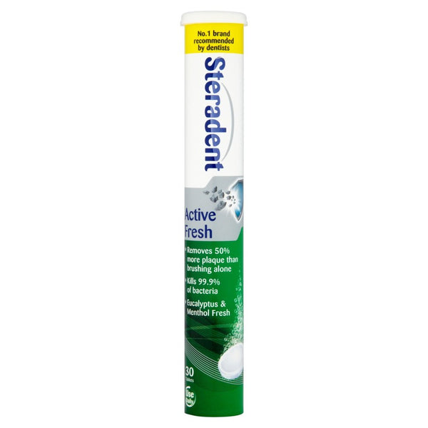 A pack of Steradent Active Fresh Tablets (30 Pack) by Steradent, in white and green, claims to remove 50% more plaque, kill 99.9% of bacteria with active oxygen, and provide eucalyptus and menthol freshness.