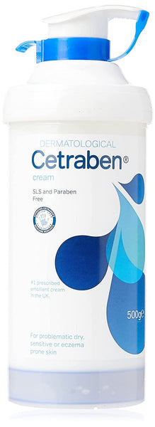 The Cetraben Cream (500g) by Cetraben comes in a white bottle with a blue pump dispenser. Its label, decorated with blue water droplets, is designed for dry, sensitive skin and eczema-prone users. Free of SLS and parabens, its crafted specifically for problematic skin types.