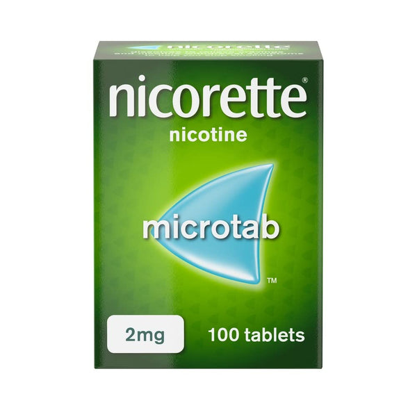 The green box of Nicorette Microtab 2mg, for Nicotine Replacement Therapy, features a blue triangle and includes 100 tablets to aid in controlling nicotine cravings.