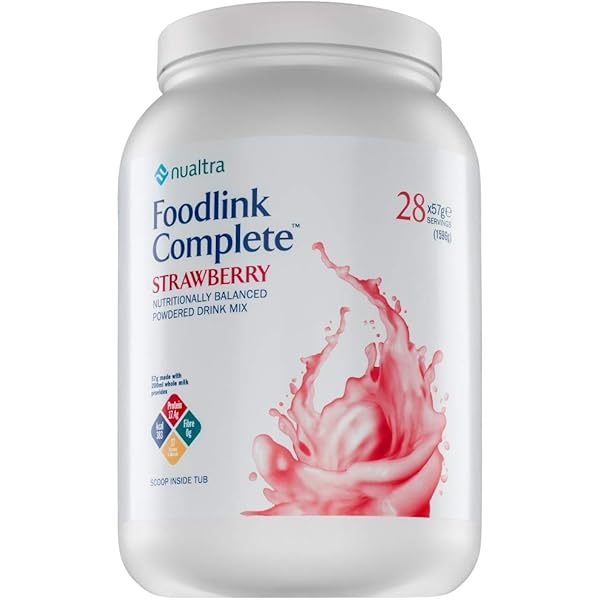 Nualtras Foodlink Complete Tub Strawberry (1596g) is a white container of oral nutritional supplement. Its label showcases pink liquid splash, nutrition details, and emphasizes 28 servings of 57g, perfect for dietary management.