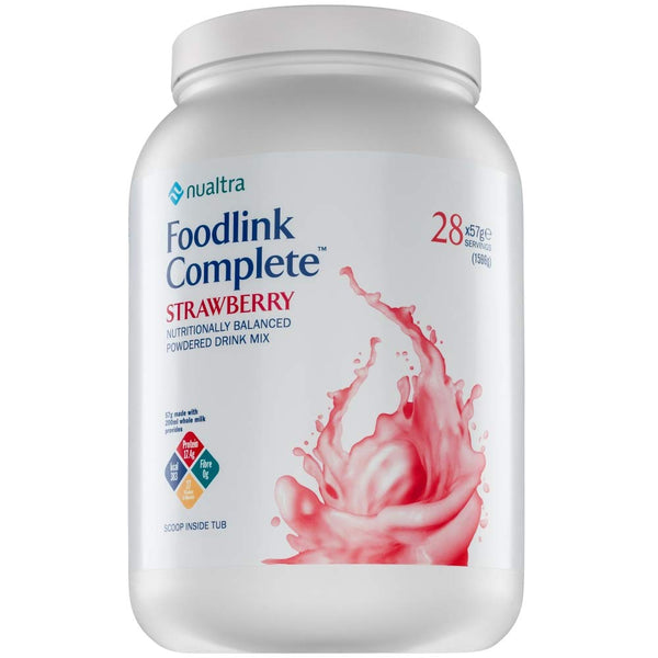 A large white Foodlink Complete Powder - Strawberry container displays pink liquid and nutrition icons. This 1596g powdered drink mix offers 28 servings for dietary management under the Foodlink brand.