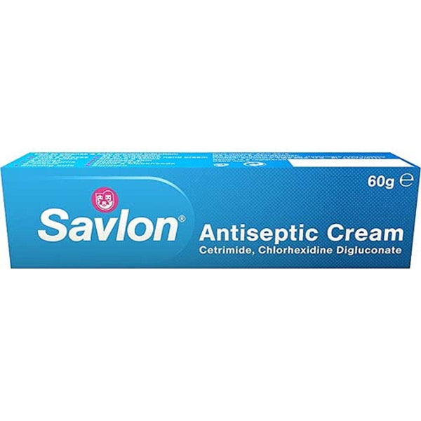 A blue rectangular SAVLON box labeled Savlon Antiseptic Cream (60g) contains Cetrimide and Chlorhexidine Digluconate, ideal for minor wounds and infection prevention.