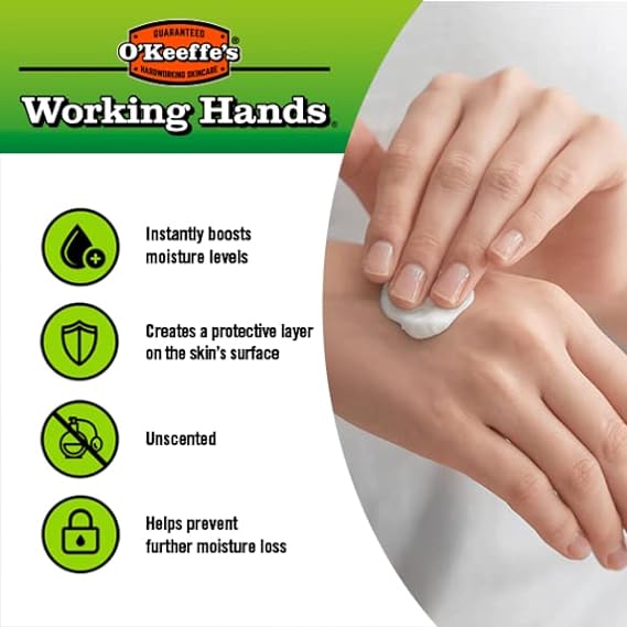 A person applies OKeeffes Working Hands Tube (85g), with herbal ingredients, highlighting benefits: boosts moisture, forms a protective layer, is unscented, and prevents moisture loss. The green and white background adds a calming touch.