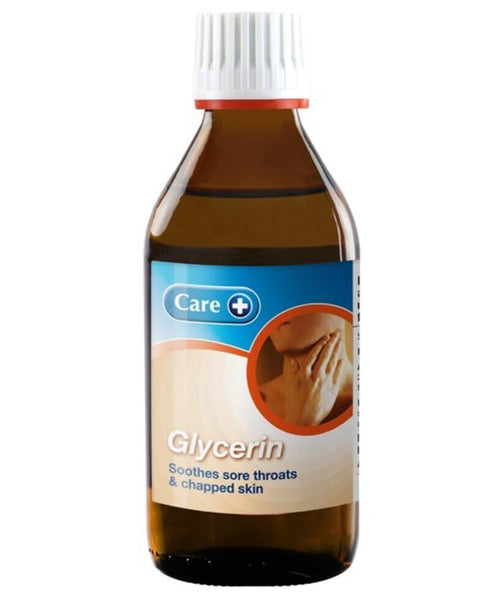 A brown bottle with a white cap labeled Care Glycerin (200ml) shows an image of hands near a throat, indicating its use for soothing sore throats and relieving chapped skin.