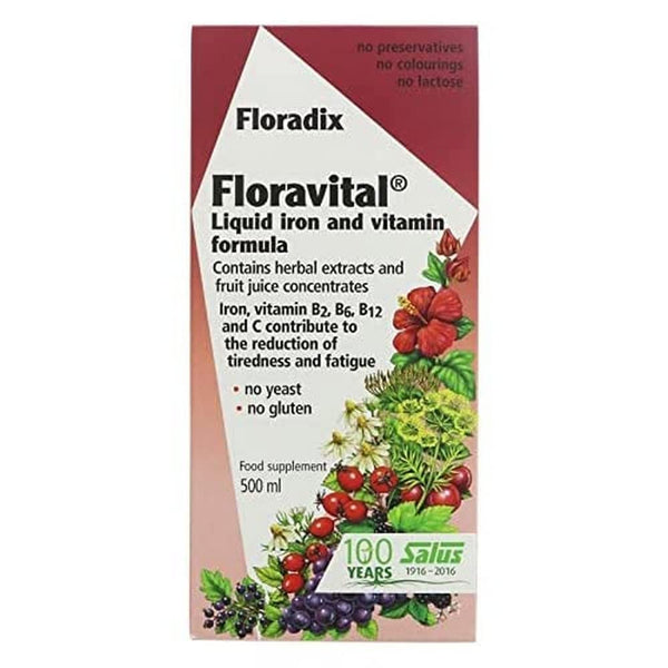 Image of a Floradix - Floravital Iron Liquid Formula (500 ml) box. This vegan product from Floravital highlights its blend of herbal extracts, fruit juice concentrates, and essential vitamins B2, B6, B12, and C. Its yeast-free, gluten-free, preservative-free, coloring-free, and lactose-free.