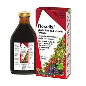 The 500ml Salus Floradix Liquid Iron Formula box features berry and fruit images and emphasizes absorbable iron, herbal extracts, and fruit juice concentrates. It is suitable for vegetarians.