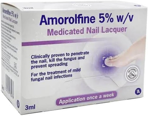 Amorolfine Medicated Nail Lacquer 5%w/v (Brands may vary, 3ml) by Generic treats mild fungal nail infections. Packaging highlights weekly application and effective Amorolfine treatment, featuring a foot image on the box.