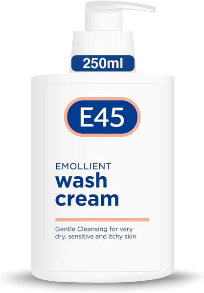 The E45 Emollient Wash Cream (250ml) features a pump dispenser for easy use. Dermatologically tested, it offers relief for dry, sensitive, and itchy skin with its gentle formula.