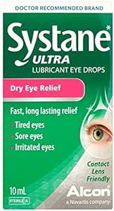 Image of a Systane Ultra Eye Drops (10ml) box. The package promotes quick, temporary relief for dry, tired, sore eyes. Contact lens friendly and ideal for on-the-go use.