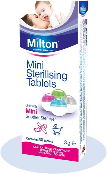 The packaging of Milton Mini Sterilising (50 Tablets) features a mother and baby at the top. Vibrantly depicted sterilising tablets are in the middle, with text highlighting mini soother sterilisation for immune protection, each tablet weighing 3g.