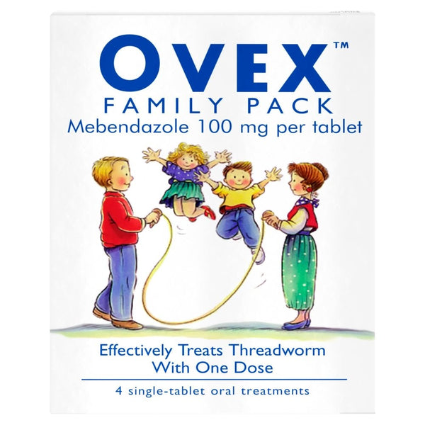 The Ovex Tablets - Family Pack (4 Tablets) features a design of four kids skipping rope. Each 100 mg mebendazole tablet is an effective single-dose treatment for threadworms, providing four treatments for the whole family.