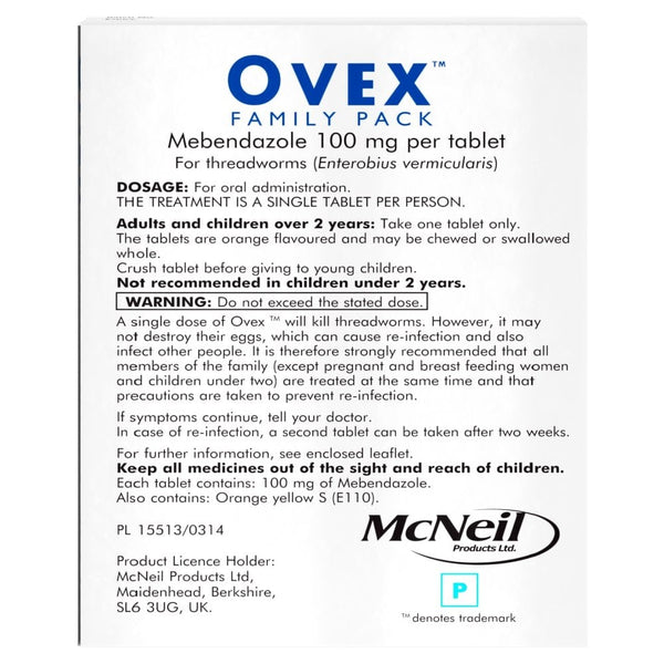 Image of the Ovex Tablets - Family Pack packaging, featuring 100 mg Mebendazole tablets for treating threadworms. Instructions, dosage guidelines, warnings, and storage information are in black text on a clean white background.