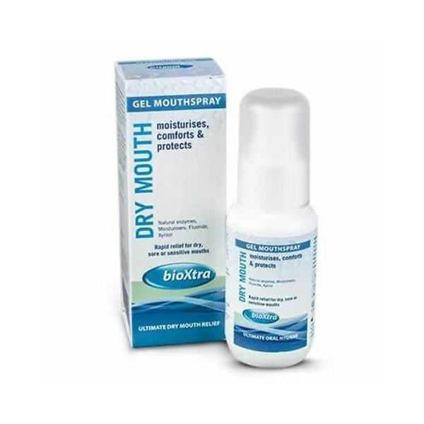The image shows a Bioxtra Dry Mouth Gel Mouth Spray (50ml) bottle and box, highlighting its dual use as a dry mouth gel and saliva substitute. The packaging emphasizes moisture, comfort, and oral health protection. The spray bottle includes a clear cap for added convenience.