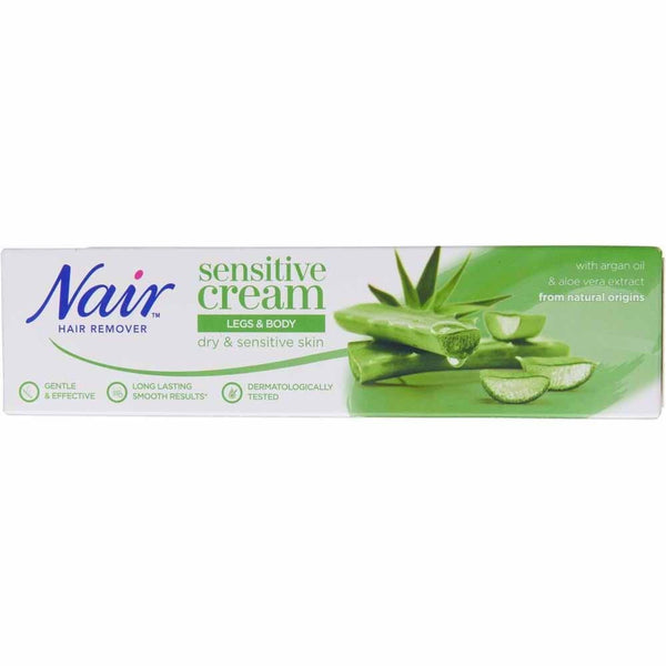 Nair Hair Remover Sensitive Cream for Legs and Body (100ml) gently removes hair and is dermatologically tested for sensitive skin. Enriched with aloe vera and argan oil, it includes a brush-on applicator for easy use.