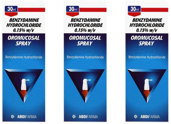 Three identical Benzydamine Hydrochloride Spray bottles (like Difflam), triple pack (30ml x 3), Brand May Vary—ideal for relieving oral discomfort and mouth ulcers. Each features a spray bottle image on a blue background.