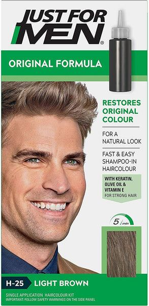 Box of Just For Men Original Formula - Light Brown H25 (1) by Just For Men. The packaging displays a smiling man with brown hair, a small hair dye bottle, and text emphasizing its original formula, natural look, and nourishing ingredients designed to target gray hair.
