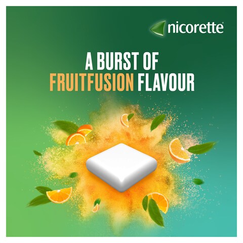 A NICORETTE Fruitfusion 2mg Gum (30) surrounded by vibrant citrus slices and green splashes on a soothing background, with the text A Burst of Fruitfusion Flavor to design to help stop smoking and ease withdrawal symptoms.