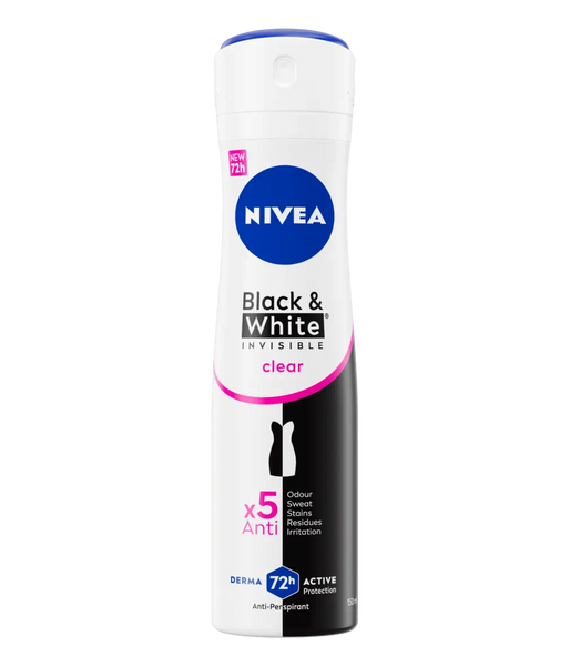 The Nivea For Women Antiperspirant Black & White (150 ml) features a white-top, mostly black bottle with pink accents. It ensures 72-hour protection with x5 Anti defense against odors and stains.