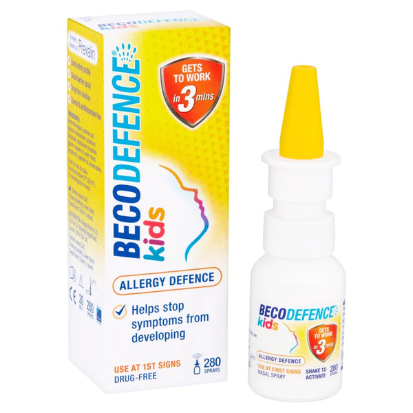 A box and bottle of Beconase Allergy Defence Kids (280 sprays) by Beconase. The packaging highlights fast nasal allergy relief in 3 minutes, helps prevent symptoms, and features a yellow nozzle. Suitable for allergic rhinitis.