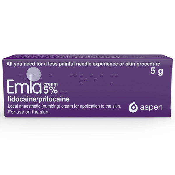 Emla Numbing Cream 5% (5g) by Aspen Pharmacare, in a purple box, delivers numbing and pain relief with lidocaine/prilocaine for less painful needle experiences or skin procedures.