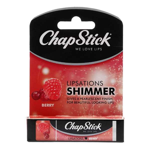 The ChapStick Lip Balm (Shimmer Berry) packaging features a red background with a raspberry image, highlighting its pearlescent finish for beautiful, moisturized lips.