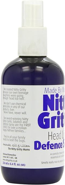 A purple 250ml Nitty Gritty Defence Spray is labeled with white text. It claims to avoid chemical pesticides and is children-safe, trusted by over a million families for effective lice prevention.