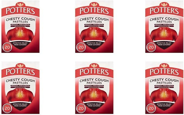 Six boxes of Red Potters Chesty Cough 20 Pastilles are arranged in a grid. Each red and white box, with a throat illustration, highlights its expectorant qualities for effective catarrh relief and contains 20 pastilles to soothe chesty coughs.