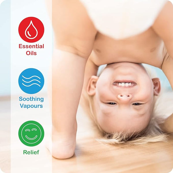 A baby smiling while playfully bending upside down. On the left, icons display Snufflebabe Vapour Oil (10ml) Suitable from Birth, with symbols for Soothing Vapours and Relief in red, blue, and green for essential congestion relief.