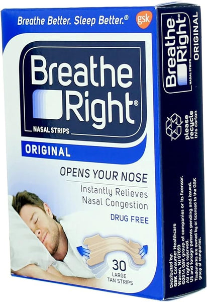 Image of a Breathe Right Nasal Relief box in blue and white, featuring a logo in the top right corner. It promises snoring reduction and congestion relief. The text reads Opens Your Nose, Instantly Relieves Nasal Congestion, Drug Free, and includes 30 large strips.