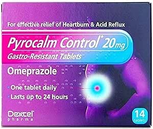 Pyrocalm Control 20mg Gastro Resistant Tablets by Pyrocalm offer effective relief for heartburn and acid reflux, containing omeprazole as the active ingredient. With a purple and pink design, each box includes 14 tablets, recommended at one per day for up to 24-hour relief.