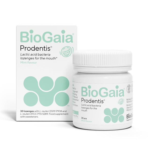 Image of BioGaia Prodentis packaging: the white box and bottle have mint green accents. Labeled as Biogaia Prodentis Oral Probiotic For Teeth & Gums - Mint Flavour (30 Lozenges), theyre designed to support your oral microbiome with sweeteners.