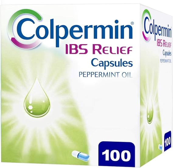 A box of Colpermin IBS Relief Capsules (100 caps) is designed with a glowing droplet and small capsule illustration on a soothing green and white background.