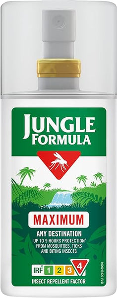 Jungle Formula Maximum Pump (90ml) has a green label, red triangle, and mosquito icon. With an IRF rating of 4, it offers maximum DEET protection for up to 9 hours against insects in any destination.