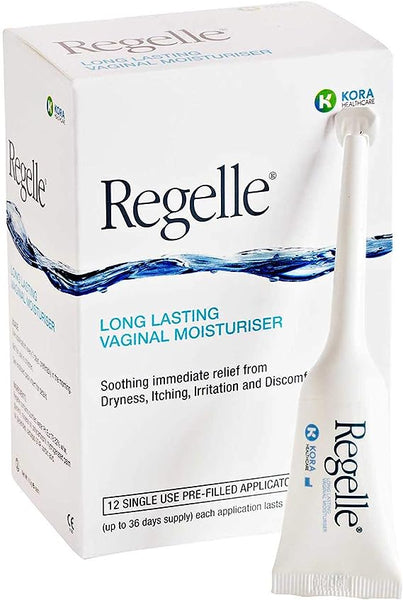 Regelle Vaginal Moisturiser for Menopause (12) by Regelle is a non-hormonal solution with soothing relief in a white box featuring a blue water design. It includes 12 single-use, pre-filled applicators to alleviate dryness and irritation for menopausal women.