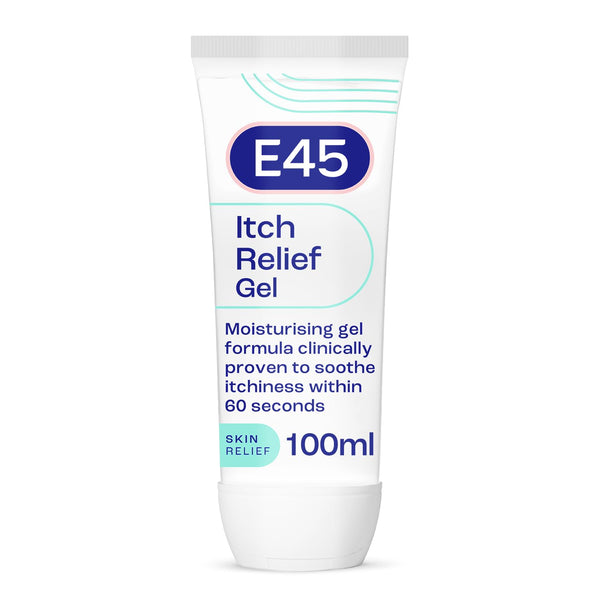 E45 Itch Relief Gel (100ml) offers soothing, immediate itch relief for dry and sensitive skin in 60 seconds. Packaged in a white tube with blue and teal text, its labeled as Skin Relief for quick moisturizing care and comfort.