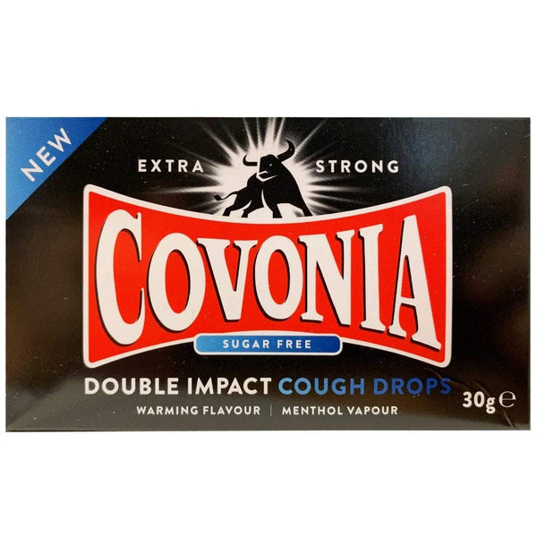 A 30g box of Covonia Double Impact Lozenges Strong Original features a bull silhouette, labeled Extra Strong and Sugar Free, offering a warming flavor with invigorating menthol vapors.
