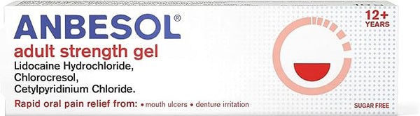 Image of a 10g box of Anbesol Adult Strength Gel for rapid oral pain relief, highlighting its sugar-free formula with Lidocaine Hydrochloride, Chlorocresol, and Cetylpyridinium Chloride for effective relief from mouth ulcers and denture irritation for ages 12+.