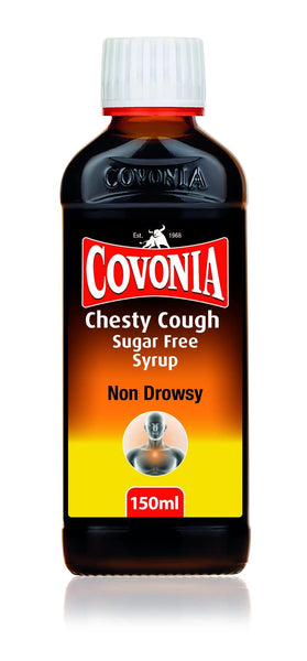 Covonia Chesty Cough Sugar Free (150ml) effectively targets stubborn mucus with a non-drowsy formula. Its distinctive label features a striking red to yellow gradient and prominent text.