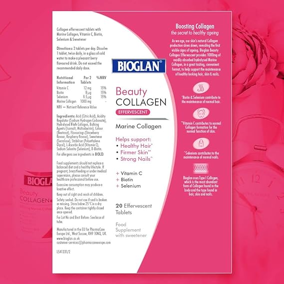 The image displays the front and back of a Bioglan Beauty Collagen Effervescent (20 Tablets) box on a pink background, emphasizing its Hydrolysed Marine Collagen content. It includes nutritional info, ingredients, dosage instructions, and benefits such as healthy hair, firm skin, and strong nails.