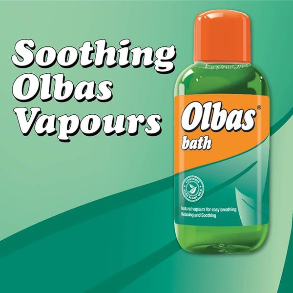 A 250ml green Olbas bottle with an orange cap labeled Olbas Oil Bath Liquid rests on a green backdrop. The text, Soothing Olbas Vapours, highlights the natural oils relaxing effects, aimed at easing breathing and comforting nasal passages.