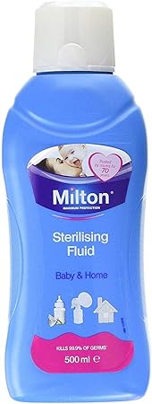 Milton fluid (500ml) from Milton is a blue sterilizing solution for Baby & Home, providing fast germ elimination and killing 99.9% of germs. It features icons of a baby bottle, pacifier, and house, ideal for easily sterilizing soothers.