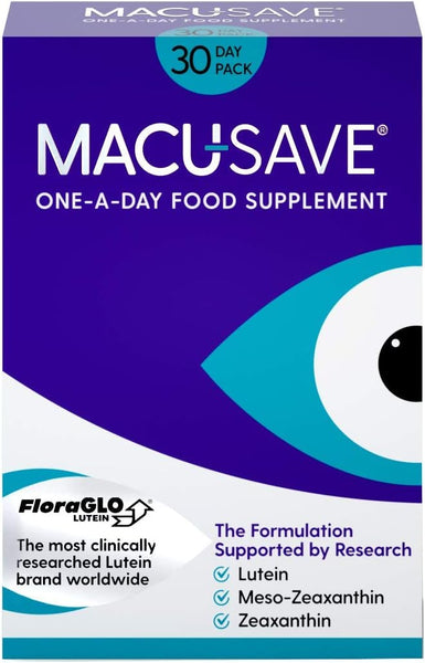 The image displays a 30-day pack of Macu-Save Capsules in a purple and blue design with an eye graphic, focusing on eye health. It promotes One-A-Day Food Supplement with lutein and zeaxanthin as The most clinically researched Lutein brand worldwide.