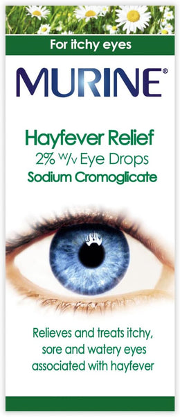 The Murine Hayfever Relief 2% Eye Drops (15ml) packaging features a close-up of a blue eye and claims to provide relief for itchy, sore, or watery eyes using 2% w/v Sodium Cromoglicate, offering an effective hayfever solution.